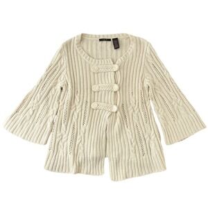 Y2K Chunky Cable Knit Cardigan Womens L Aran Toggle Buttons Ivory Cottagecore